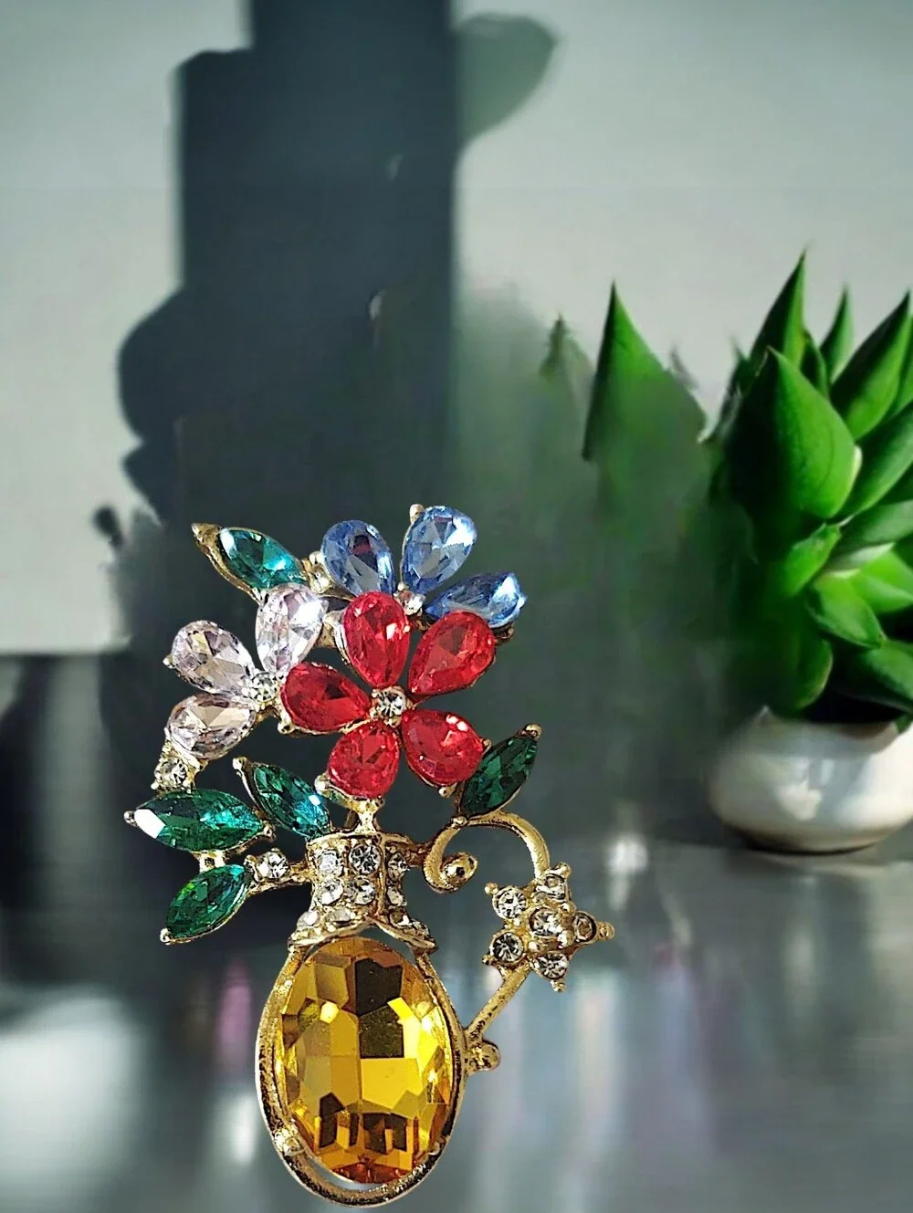 Floral Crystal Brooch with  Vase